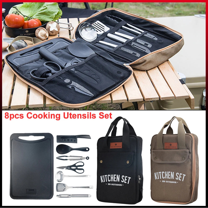 8-Piece Stainless Steel Camping Cookware & Utensil Set – Compact Outdoor Kitchen Kit with Travel Organizer Bag